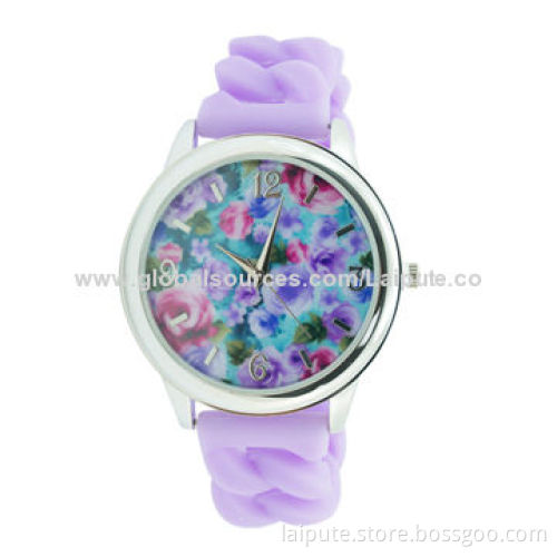 Fashion Colorful Floral Printed Silicone Stretch Band Watch with Silicone Band and Alloy CaseNew